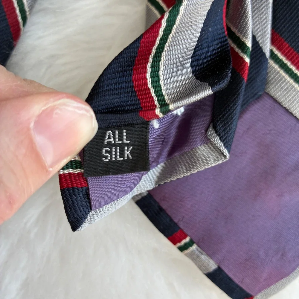 Sussex Ltd London‎ Mens Vintage Silk Tie Navy Silver Red Green Regimental Stripe